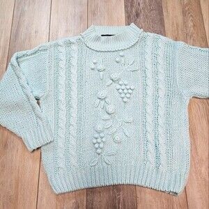 Rafferty Vintage Mint Seafoam Green Cable Knit Sweater 3D Appliques Womens Small